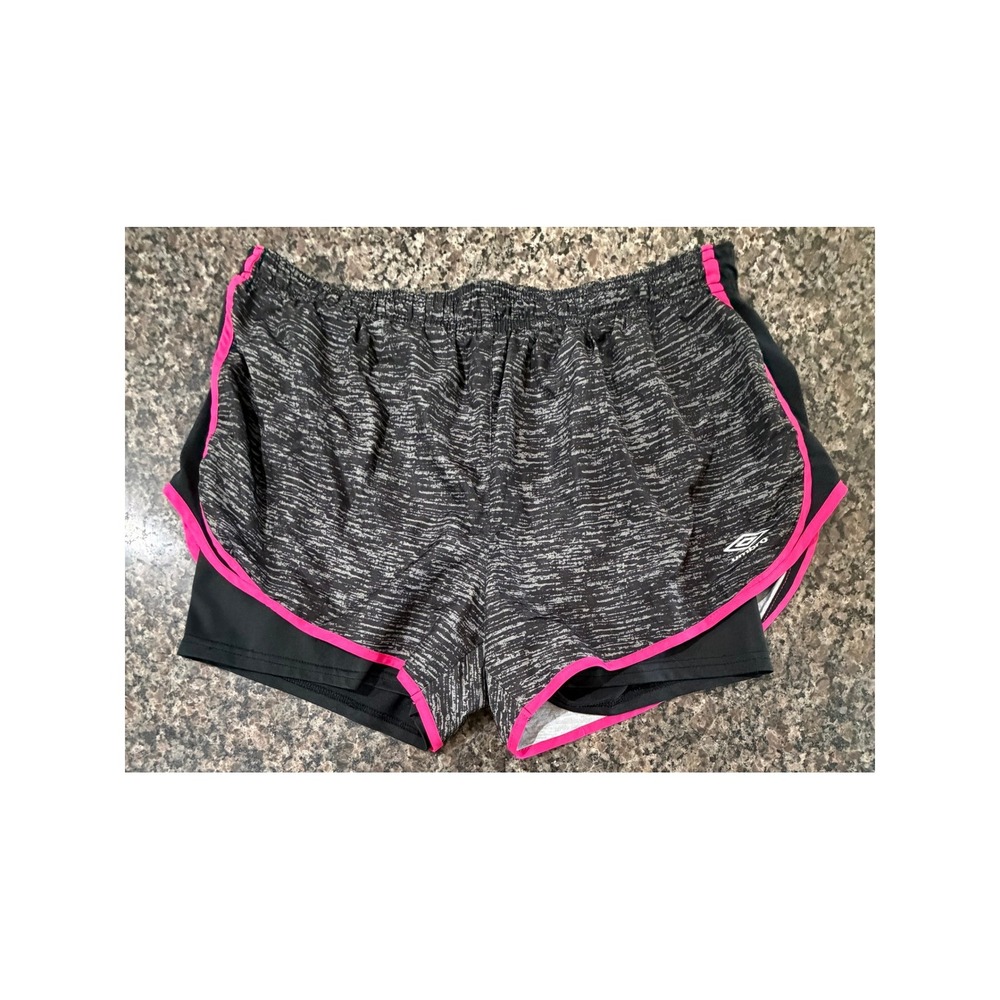 Umbro Womens XL Grey Space Dye 2-in-1 Running Shorts Pink Trim Athletic Workout